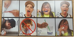 eight panels demonstrating the steps to brushing your teeth