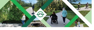 people participating in outdoor recreation: walking or using wheelchairs on paved pathways through midwestern verdure