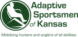 adaptive sportsmen of kansas. Mobilizing hunters and anglers of all abilities. Outline of a guy in a deer blind or a boat or on a mountaintop. It's hard to tell. 